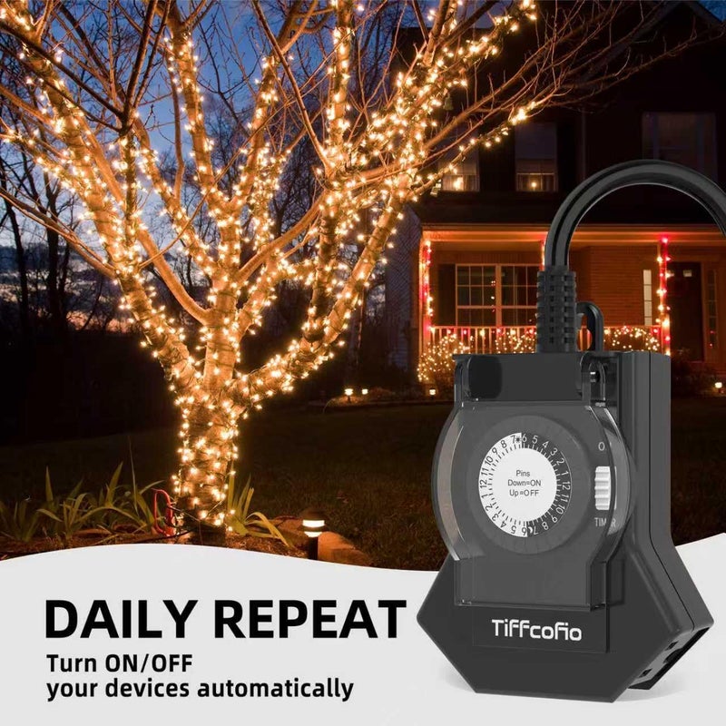 Tiffcofio Outdoor Timer Outlet Waterproof, 24 Hour Mechanical Light Timer Outdoor, 2 Grounded Outlets for Home and Garden, 15A 1/2HP, Heavy Duty, ETL Listed (2 Packs) - Image 4
